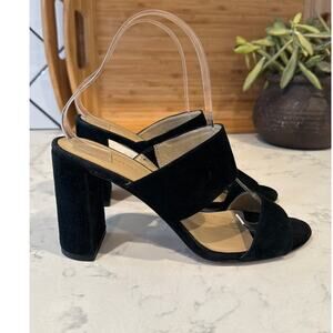 Ann Taylor black suede double broad strap block slide heels classy chic size 7